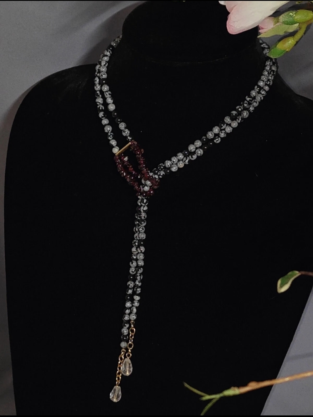 23in Women's Two Strand Snowflake Obsidian, Pear Crystal Quartz Drop & Garnet